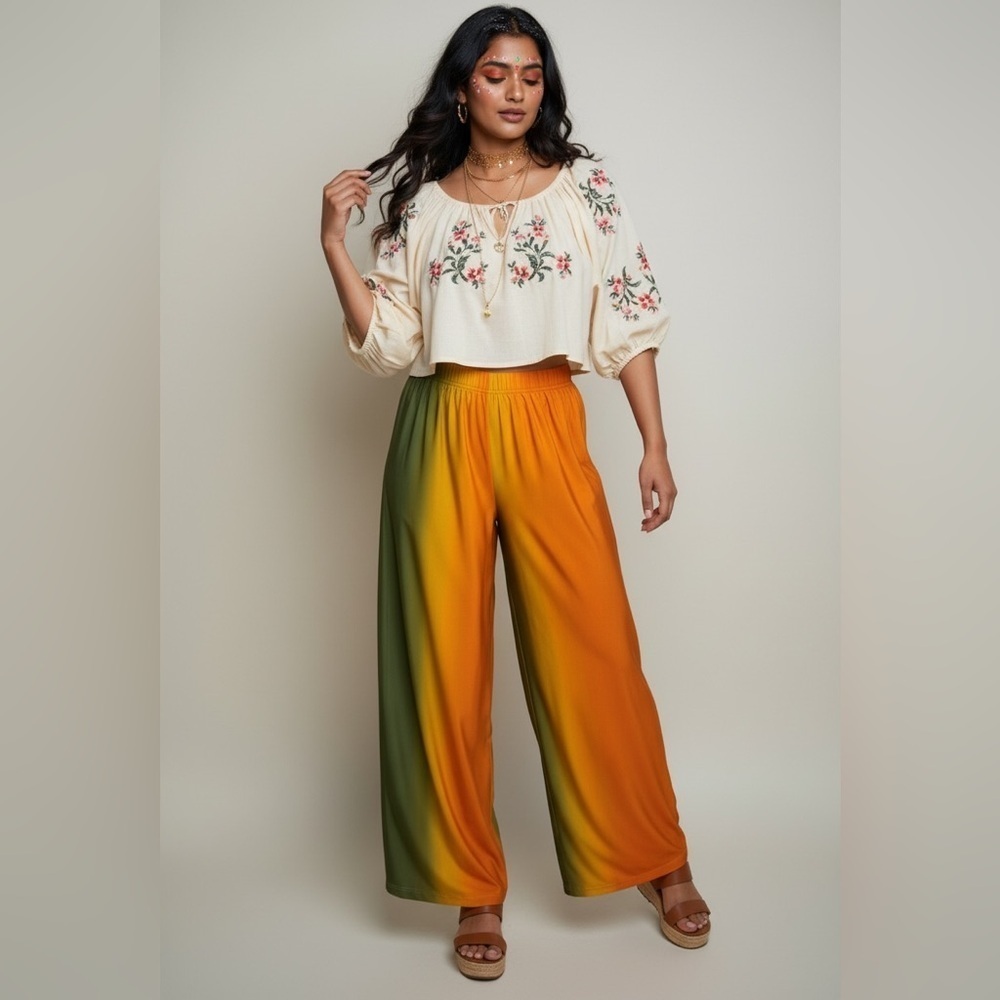 ZARA Small Colorful Ombré Wide Leg Stretch Pant Coachella Festival Boho Resort